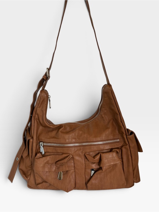 None Handbags - Brown Leatherette Multi-Pocket Shoulder Bag